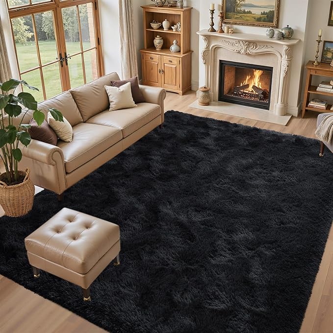 Black Rugs for Living Room Fluffy 4x6 ft Bedroom Rug Non-Slip Area Rugs Shag Carpet for Nursery Kids PlayRoom Dorm Office Indoor Modern Plush Carpets Boys