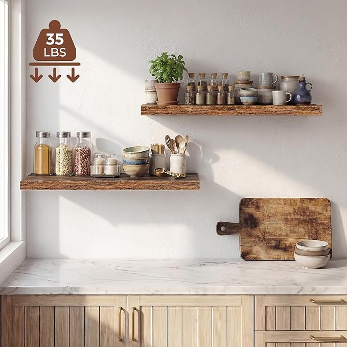 Dreamland 32 Inches Floating Shelves for Wall, 9.3" Deep Long Floating Shelves Set of 2, Large Display & Storage Shelf, Wall Shelf for Bathroom Bedroom Living Room Kitchen Office, Rustic Brown