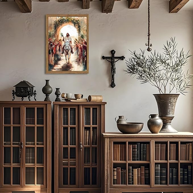 Jesus Triumph Wall Art Spiritual Jesus Palm Sunday Wall Decor Painting Christian Triumphal Religious Artwork 3D Textured Hand Drawn Sandstone for Bedroom Living Prayer Room 12x16 inch Wood Framed