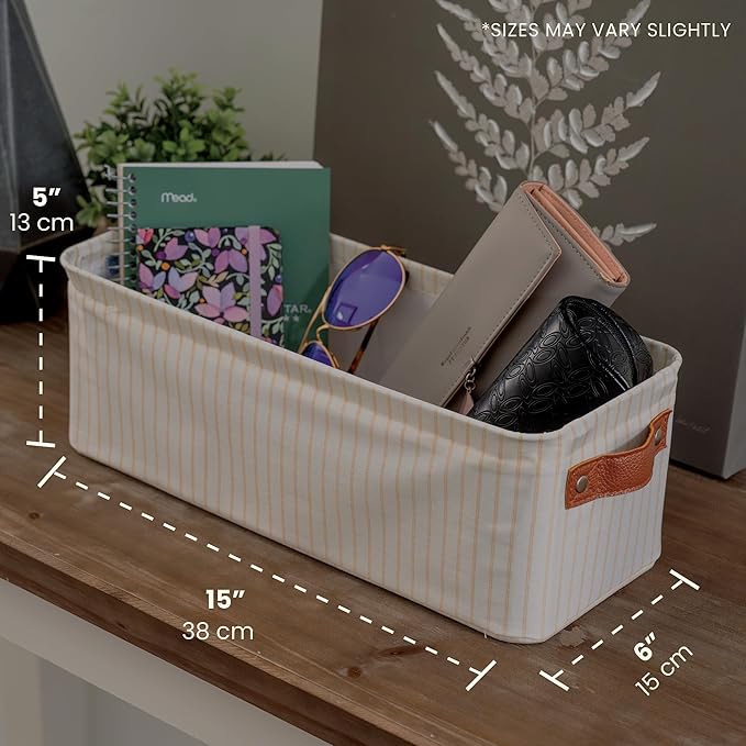 OrganiHaus Narrow Fabric Storage Baskets 2 Pack, Narrow Storage Bins for Shelves, Closet Storage Bins for Pantry Entryway, Cloth Canvas Basket, White/Brown