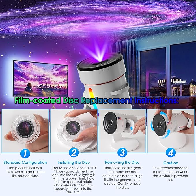 Galaxy Projector，Upgraded 4K HD Star Projector Lens, 10 Slides Image Planetarium BedRoom Lights，Ceiling Lights 360° Rotation 1/2/4Timer off &8 LED Color Night Light，for Bedroom, for Adults Kids