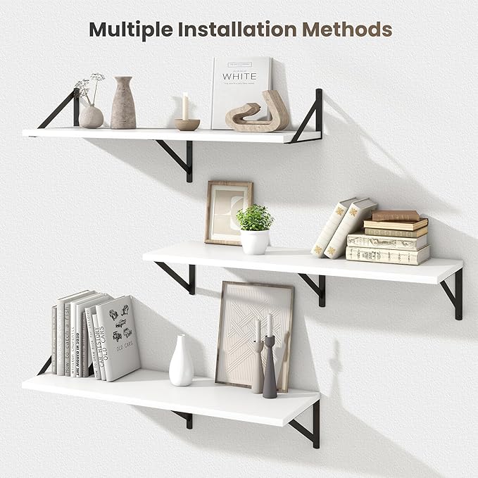 Marsmiles White Floating Shelves for Wall - 36 Inch Wide x 12 Inch Deep Wall Shelves Set of 2 - Wood Floating Shelves for Living Room Bedroom Bathroom