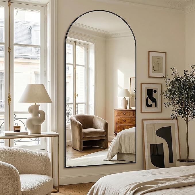 Suidia 81"x41" Arched Full Length Mirror with Stand, Full Body Mirror with Aluminum Frame, Freestanding/Leaning/Wall-Mounted, Floor Mirrors for Bedroom, Living Room, Entryway, Dressing Room, Black