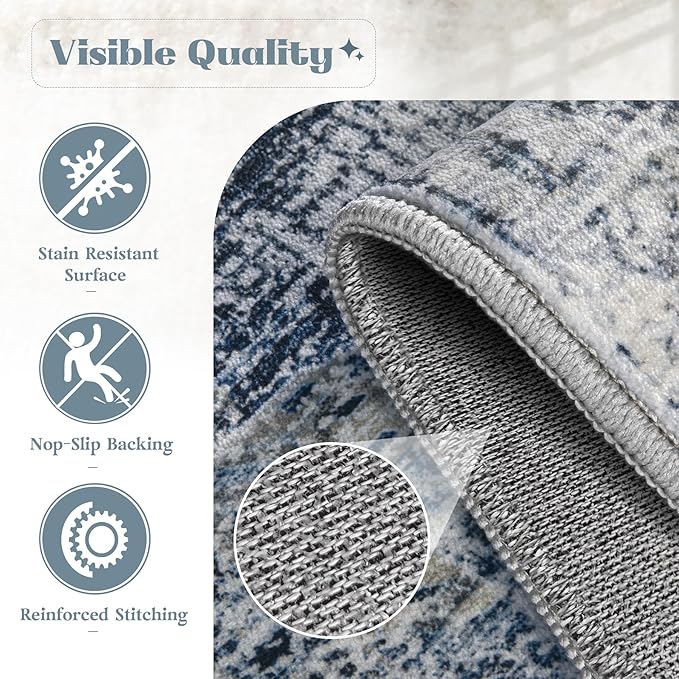 Area Rug 9x12 Washable Rug, Vintage Boho Medallion Rugs Non-Slip Soft Low Pile Large Distressed Rug Indoor Retro Carpet for Living Room Bedroom Dining Room Home Office (Blue, 9'x12')