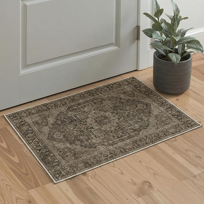 GENIMO 5x7 Area Rugs for Living Room, Machine Washable Non Slip Vintage Rugs, Low Pile Lightweight Chenille Print Rug for Bedroom, Dining Room, Home Office, Vintage Chocolate
