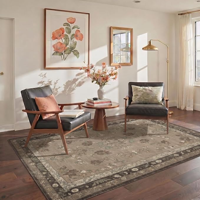 GENIMO 5x7 Area Rugs for Living Room, Machine Washable Non Slip Vintage Rugs, Low Pile Lightweight Chenille Print Rug for Bedroom, Dining Room, Home Office, Dusty Brown