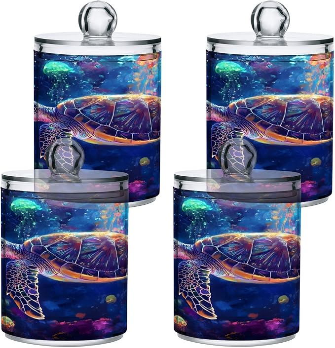 Colourful Jellyfish Ocean Turtle Qtip Holder Dispenser Clear Plastic Apothecary Jar with Lid Bathroom Organizer Vanity Makeup Storage Containers for Cotton Ball, Cotton Swab, Floss, 2 Pack