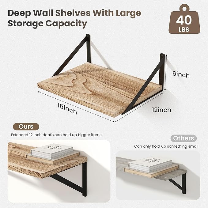 Marsmiles Floating Shelves for Wall - 16 Inch Wide x 12 Inch Deep Wood Wall Shelves Set of 2-16W x 12D Rustic Wide Wooden Shelves for Bedroom Kitchen Living Room