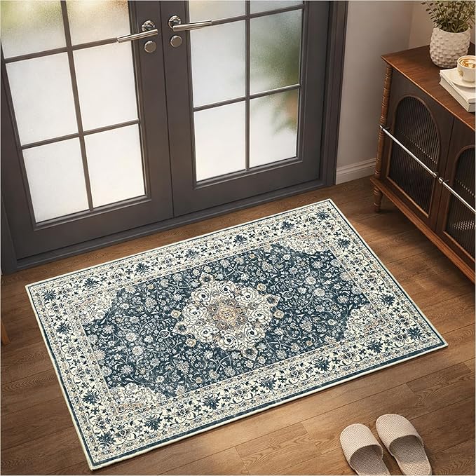 Goideal Washable Rug 2x3, Vintage Area Rugs Non Slip, Indoor Low Pile Carpet with Rubber Backing for Kitchen Bathroom Entryway Office Bedroom,Black & White