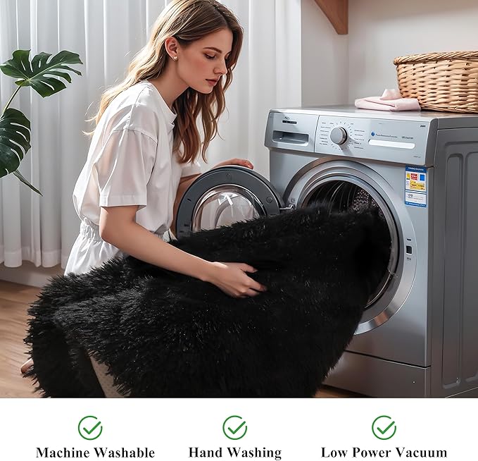 KICHOWUA 5x8 Black Fluffy Shag Rug for Bedroom, Ultra Soft Plush Fuzzy Washable Non Slip Floor Cozy Carpet, Modern Comfy Furry Shaggy Area Rug for Living Room, Kids Baby Boys Girls Nursery Dorm