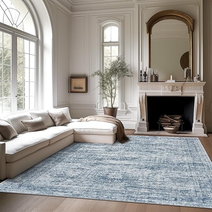 Soalmost 9x12 Area Rugs for Living Room, Non Slip Machine Washable Vintage Rugs, Low Pile Lightweight Large Rug for Bedroom, Dining Room, Home Office Blue