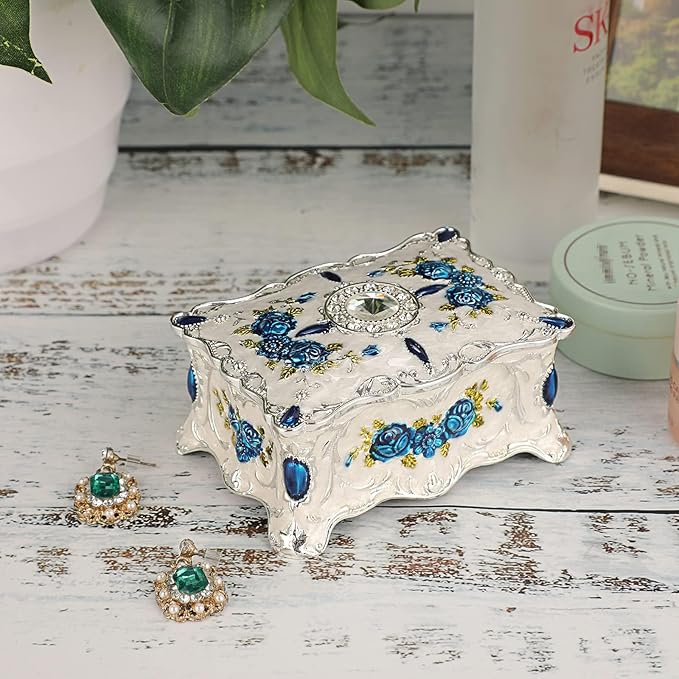 Hipiwe Vintage Trinket Box Metal Jewelry Box Wedding Ring Box Keepsake Box Treasure Box Chest Ornate Antique Finish Engraved Box Case Small