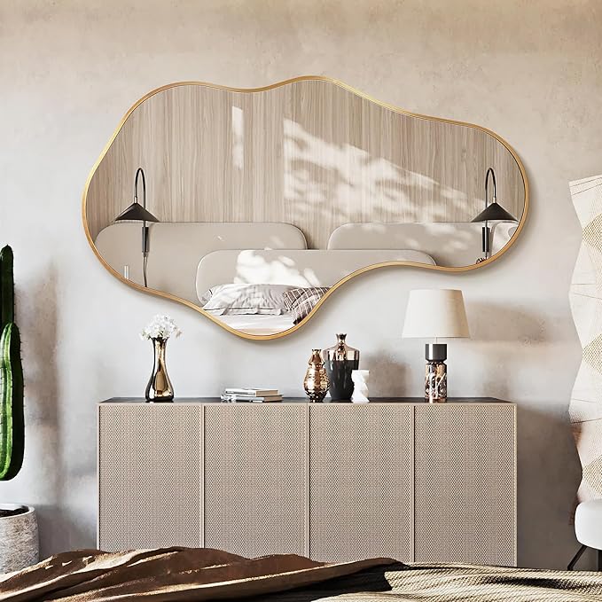 Dorlicecass Irregular Wall Mirror - Wall Mirrors Decorative 24"x 40" Asymmetrical Abstract Mirror Aviation Aluminum Alloy Frame Unique for Bathroom, Bedroom, Living Room, Cloakroom, Entryway Gold