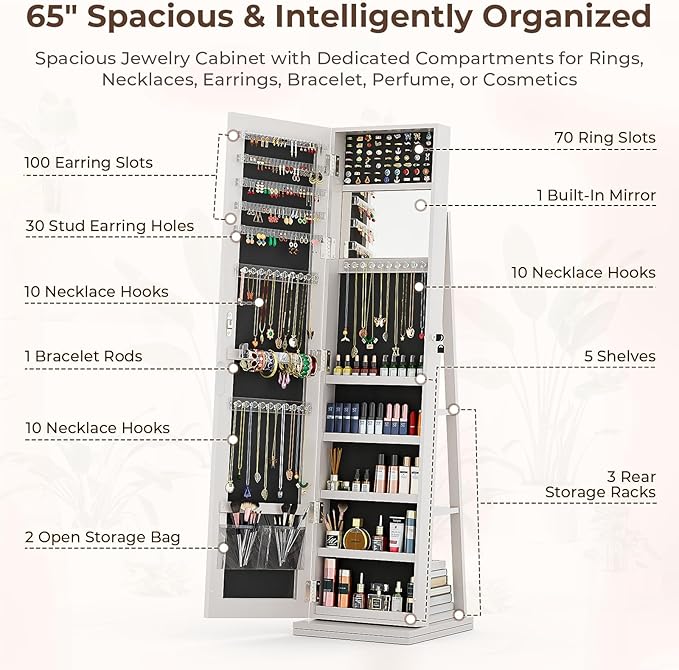 4-In-1 Jewelry Armoire with Full-Length Mirror, 360° Swivel Lockable Jewelry Cabinet Standing with 3 Storage Shelves & Vanity Mirror, Jewelry Organizer with Storage for Gift Idea, White