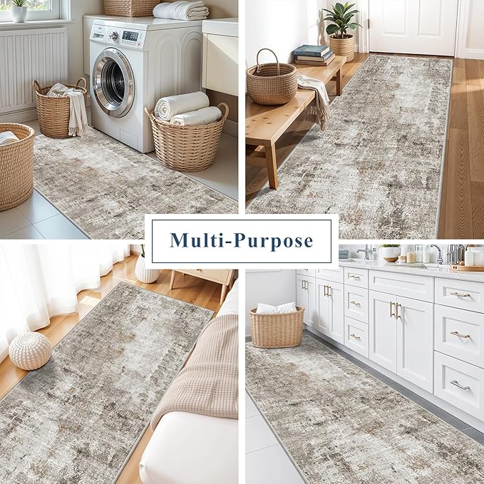3x8 Washable Non-Slip Runner Rug – Modern Abstract Neutral Wide Carpet Runner for Kitchen, Hallway, Entryway, Bathroom, Bedroom – Low-Pile Thin Floor Mat with Rubber Backing (Beige Grey)