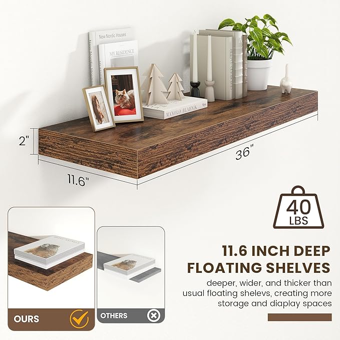 FLYJOE 12 Inch Deep Floating Shelves | 36 Inch Brown Floating Shelves | 36" W x 12" D Rustic Wood Shelves for Wall | Deep Brown Shelves for Living Room Bathroom Laundry Room Kitchen