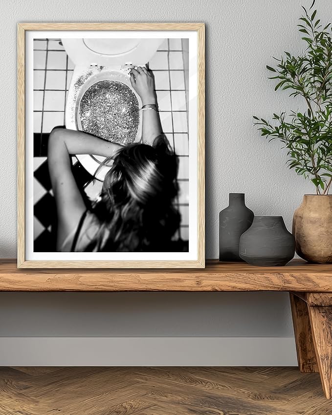 EcoHest Trendy After the Disco Party Framed Wall Art, Large 16x20 in OAK Wood Black and White Funny Bathroom Canvas Art, Teen Girl Poster College Dorm Decor, Set of 1 for Bedroom Living Room