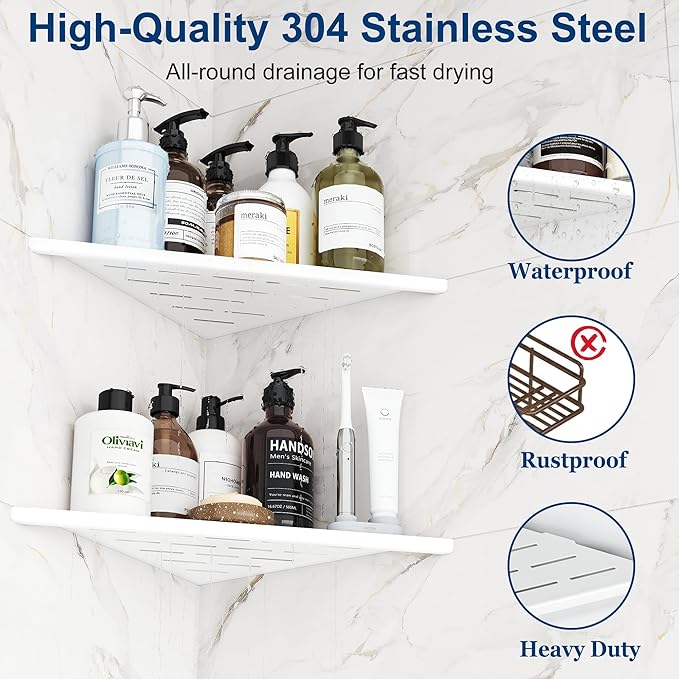 Qeke Corner Shower Shelves, 12” Recessed Tile Shower Shelf, 304 Stainless Steel Grout in Corner Tile Shower Shelves, No Drilling, Matte White, 2 Pack