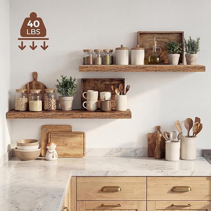 Dreamland 36 Inches Floating Shelves for Wall, 9.3" Deep Long Floating Shelves Set of 2, Large Display & Storage Shelf, Wall Shelf for Bathroom Bedroom Living Room Kitchen Office, Rustic Brown