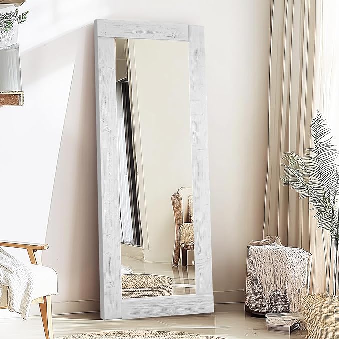 Full Length Mirror 65"x24" – Solid Wood Frame, HD Tempered Glass, Wall Mounted & Leaning, Rustic Modern Decor for Bedroom, Living Room, Entryway, White