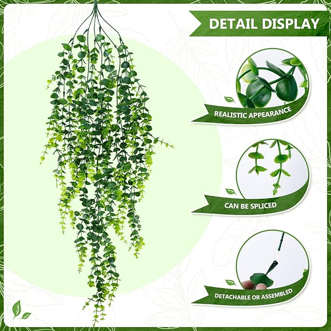 2-Pack Fake Hanging Plants, Faux Hanging Plant Artificial Greenery for Living Room Bedroom Boho Wall Shelf Indoor Outdoor Decor (Green Eucalyptus)