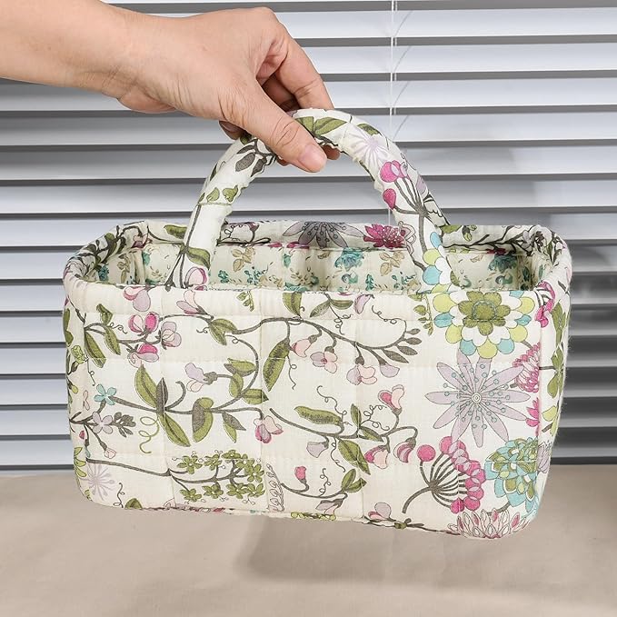 Small Storage Basket Organizer, Mini Quilted Fabric Basket with Handle, Collapsible Storage Bin for Socks, Keys, Diapers