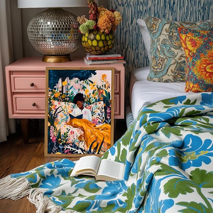 Framed Black Woman Reading Wall Art, Boho Black Girl Colorful Floral Paintings Wall Decor, African American Pictures Canvas Prints Aesthetic Home Decor for Living Room Bedroom Dorm 12x16 inch