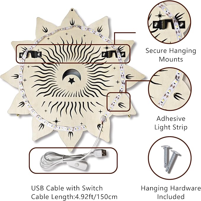 Chakra Lotus Flower Crystal Display Shelf with LED Light, Witchy Home Decor Boho Decorative Wall Mounted Trinket Shelf Wooden Sun Moon Shelf Rock Case Stone Storage Floating Hanging Holder