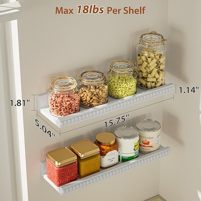 Alsonerbay White Floating Shelves Wall Mounted Set of 2, 15.7 Inch Modern White Shelves with Lip, Wood Wall Shelves with Wooden Beads for Bathroom Bedroom Living Room Nursery and More