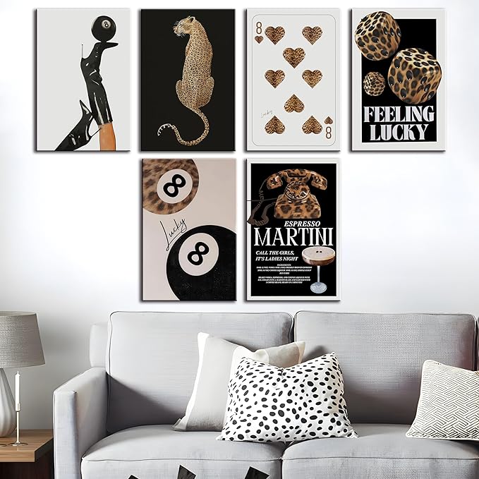 ZxXzkwpP Black Cheetah Print Room Decor Poster, Trendy Red Fashion Leopard Print Wall Art Aesthetic Lucky 8 Ball Poster Coquette Preppy Y2k Red Funky Art For Bedroom (Black 12x18x6 Framed)