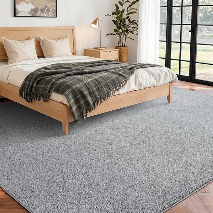 FinRèc 6x9 Washable Area Rugs for Bedroom Living Room, Low Pile Thin Rug Solid Color, Non-Slip Carpet Indoor for Home Decor (Pure Light Grey)
