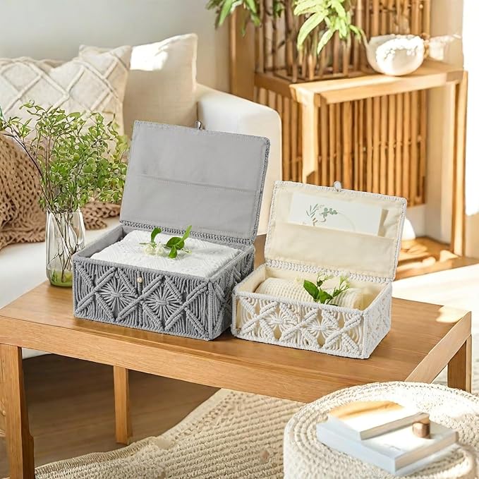 Decorative Boho Storage Baskets with Lid Bohemian Macrame Jewelry Box Handmade Natural Cotton Rope Woven Bins Memory Keepsake Photo Makeup Organizer Shelf Container (Off White, Small)