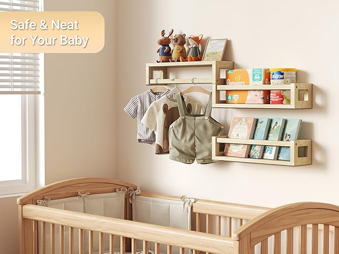 TidyCorner Sturdy Floating Shelves – Set of 3 Wall Bookshelves and Nursery Floating Shelves for Books, Toys, Kitchen, Bathroom, and Home Decor – Natural Poplar