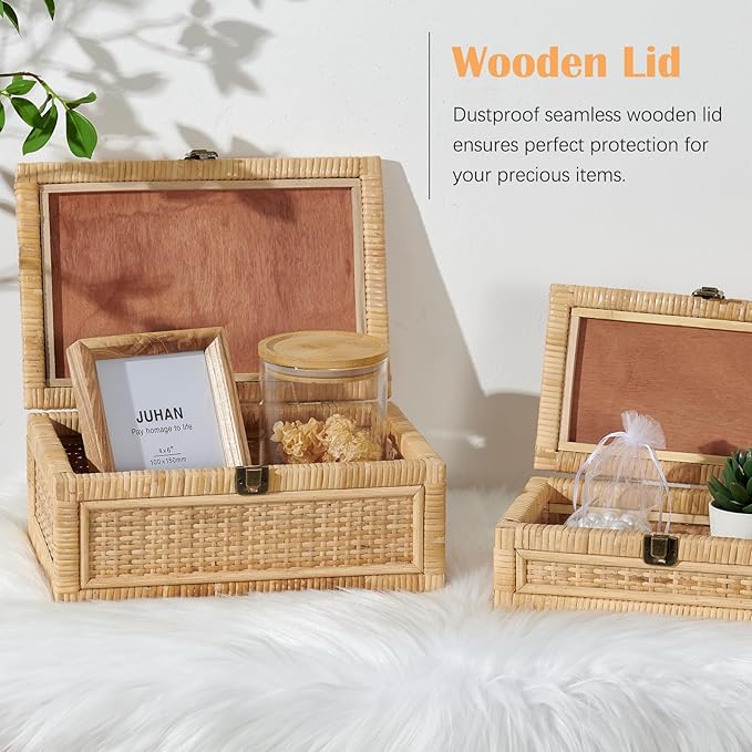 Rattan Box with Lid Decorative Natural Handmade Boho Rattan Baskets Woven Wicker Cane Bins Keepsake Memory Jewelry Boxes Rectangular Desk Shelf Closet Organizer Container (Small Size)