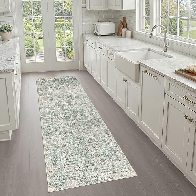 Runner Rug Non-Slip Kitchen Rug: 2x6 Washable Abstract Modern Soft Stain Resistant Indoor Floor Neutral Accent Throw Carpet for Hallway Bathroom Laundry Room Bedroom Entryway- Green