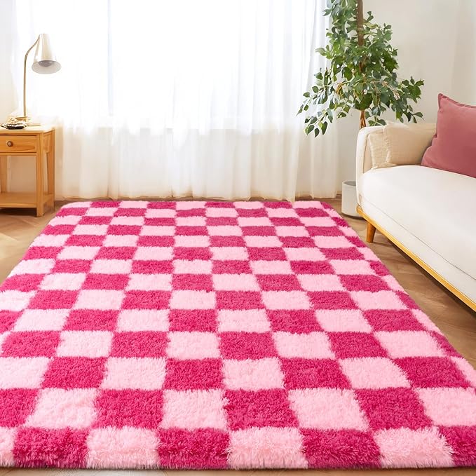 Checkered Rugs for Living Room Bedroom, 5x7 Area Rugs for Living Room, Modern Shaggy Carpets Fuzzy Rug for Boys Girls Dorm Nursery Home Decor Aesthetic, Upgrade Non-Slip Durable, Pink and Hot Pink