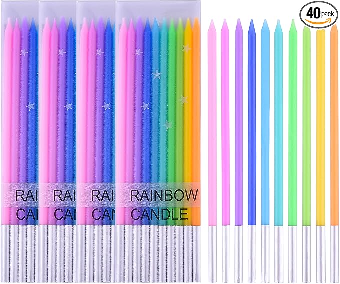 PHD CAKE 40-Count Rainbow Long Thin Birthday Candles, Cake Candles, Birthday Parties, Wedding Decorations, Party Candles