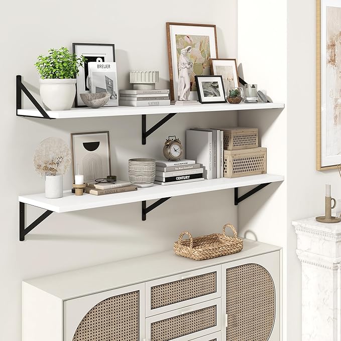 Marsmiles White Floating Shelves for Wall - 48 Inch Wide x 12 Inch Deep Wall Shelves Set of 2 - Wood Floating Shelves for Living Room Bedroom Bathroom