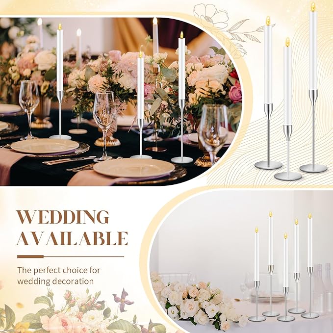 FillTouch 30 Pcs Silver Candlestick Holders with Flameless LED Candles Bulk Includes 15 Metal Candle Holders and 15 Battery Operated Taper Candles for Wedding Valentines Table Centerpieces Home Decor