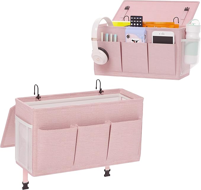 Edudif Dual-purpose Bedside Caddy Bedside Organizer, Bed Caddy with 6 Pockets, Versatile Bedside Storage Solution Magazine Remotes holder, ideal for Home, Dorm, Hospital, Crib Bed (Pink 2pcs)