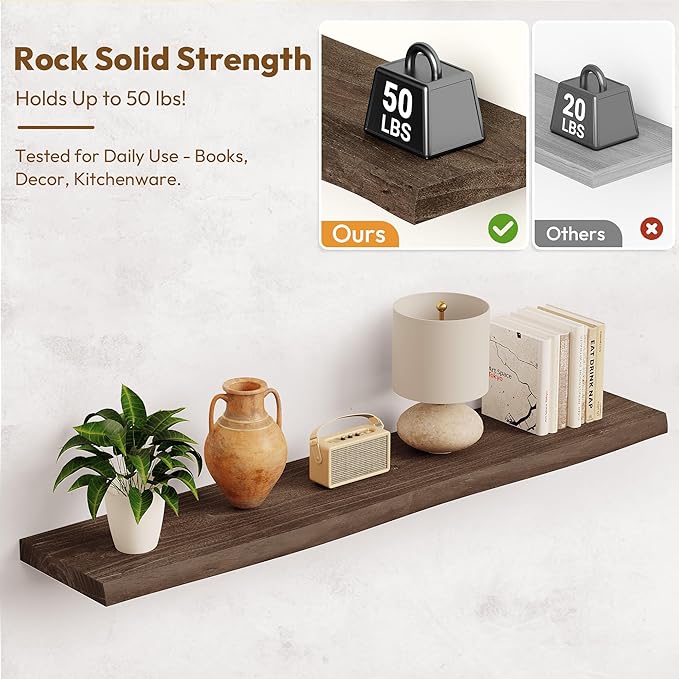 Vivelove Live Edge Floating Shelves Solid Wood, Elm Shelves for Wall with Invisible Bracket for Living Room Bedroom Bathroom Office Book, Rustic Farmhouse Wooden Shelf, 40 Inch Set of 2- Dark Walnut