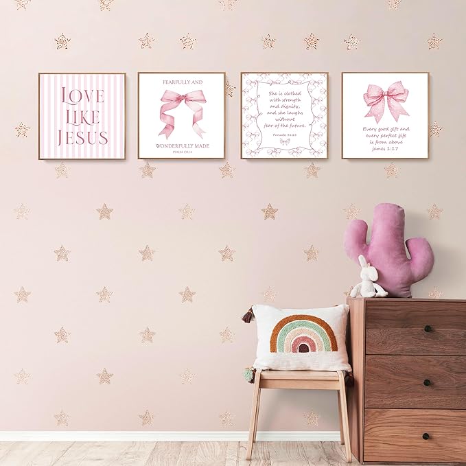 LARTSFRO Coquette Pink Bow Jesus Wall Art Decor Posters, Light Pink Bow Christian Room Bathroom Bedroom Dorm Wall Art Decor Aesthetic for College Teen Girls Gifts, Inspirational Bible Verses Bow Wall Decor, 8x8 Inch Set of 4 Bow Pictures(UNFRAMED)