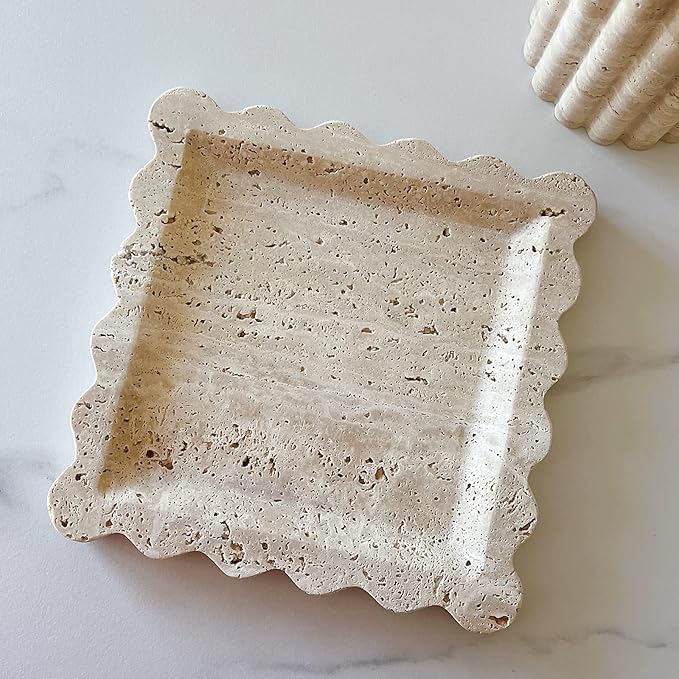 Vintage Natural Marble Tray Small Ornaments Scalloped Tray Handmade Storage Dish for Counter, Vanity, Dresser, Nightstand and Desk (Beige Travertine)