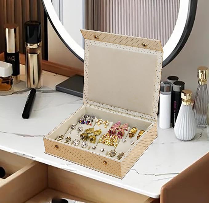 atorakushon PU Leather Makeup jewellery accessories Vanity box to nicely organize the jewellery Jhumka Earrings Cosmetic Necklace and carry it along anywhere easily for Woman (Cream)