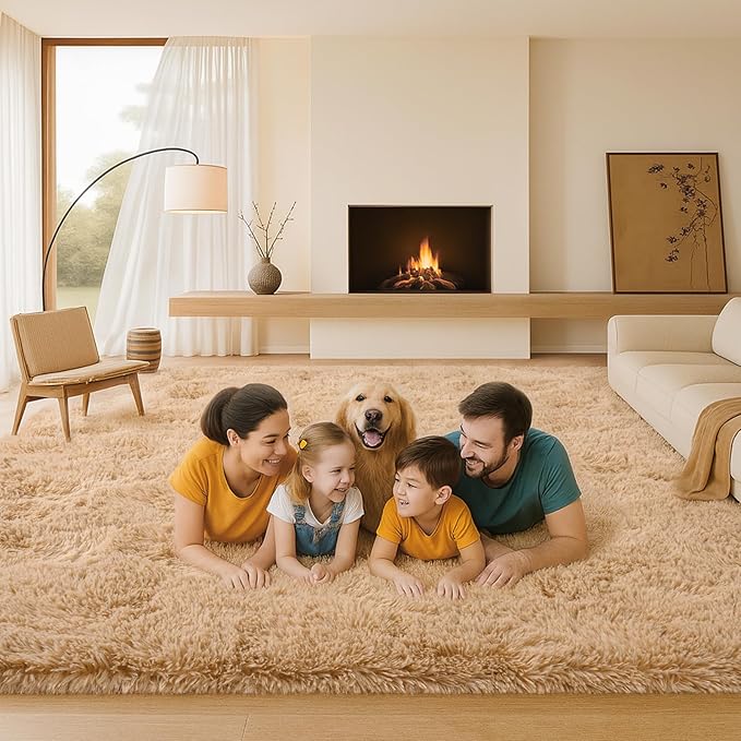 8x10 Area Rugs Living Room, Beige Large Plush Fluffy Bedroom Carpet, Non-Slip Upgraded Indoor Thick Soft Rug, Modern Plush Carpet Suitable for Kids Home Decor Aesthetics Dorm.