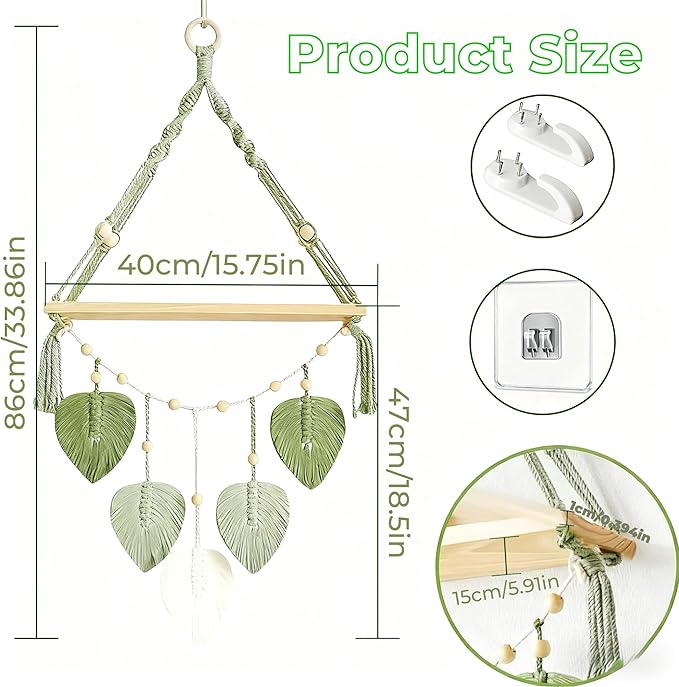 Wooden Floating Shelves for Room Wall, Hanging Storage Organizer, Boho Wall Decor, Plant Shelf for Bathroom, Bedroom, Office, Kitchen, Living Room, Dorm (Green, 1 PCS)
