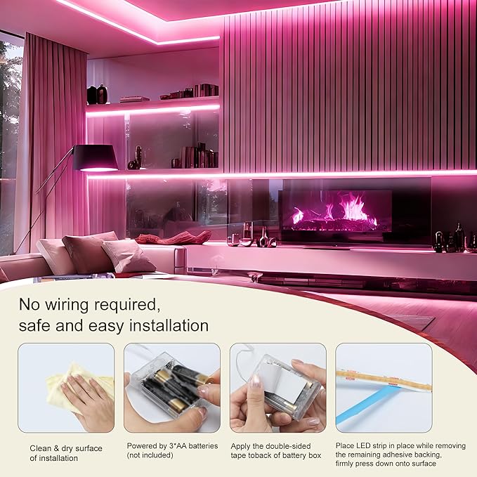 ZSLAIFU Battery Powered LED Strip Lights, 3.3FT COB LED Strip Light, Battery Operated LED Lights, Pink LED Strip Lights Battery Powered for Closet, Cabinet, Shelf, Kitchen, DIY Lighting