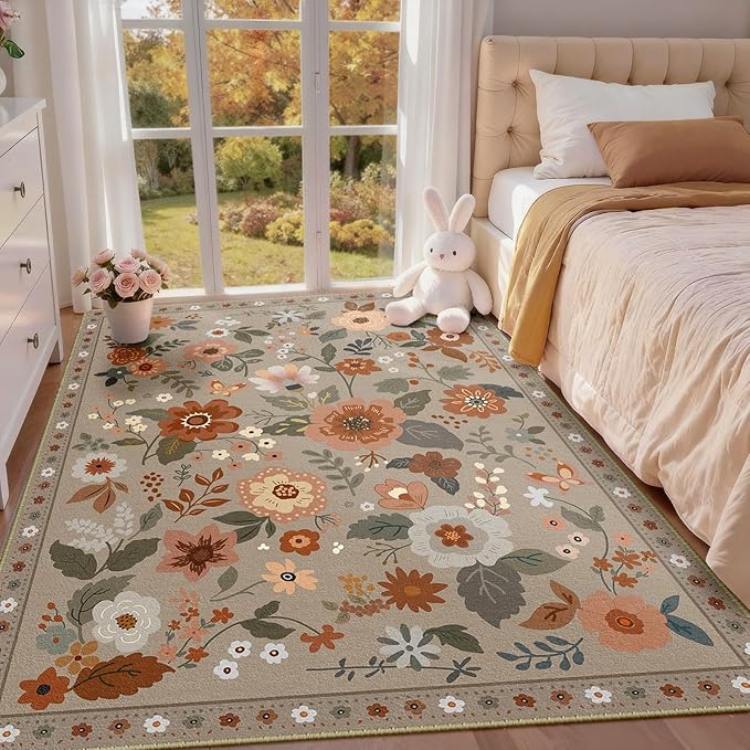 RELEANY Floral Nursery 3x5 Area Rugs Washable Print Boho Cute Carpet Non Slip Flower Low Pile for Living Room Kids Girls Playroom Bedroom Kitchen Office Farmhouse-Brown/Brick