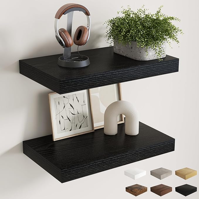 12 Inch Deep Floating Shelves for Wall, 20 x 12 Rustic Wood Grain Bathroom Shelves with Invisible Brackets, Easy Install Wood Storage Shelves for Kitchen, Living Room, Bedroom, Black, Set of 2