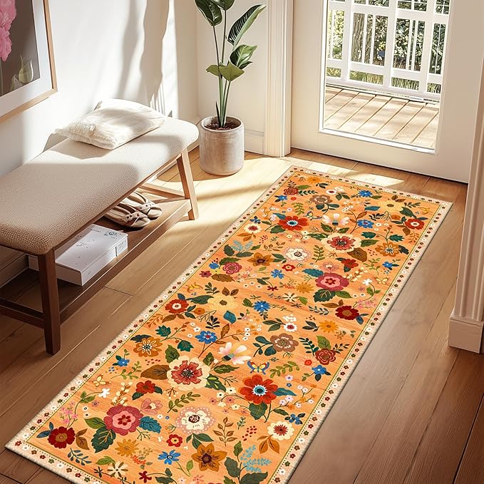 RELEANY Floral Nursery 2x6 Area Rugs Washable Print Boho Cute Carpet Non Slip Flower Low Pile for Living Room Kids Girls Playroom Bedroom Kitchen Office Farmhouse-Yellow/Orange